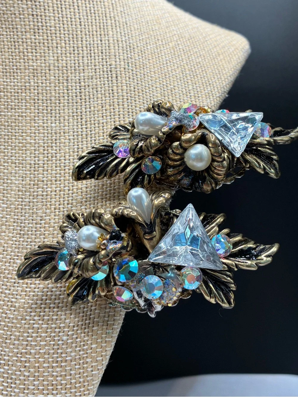 Vintage Resin 1970’s Gold-Tone Cluster Clip-on Earrings w/Crystal Accents